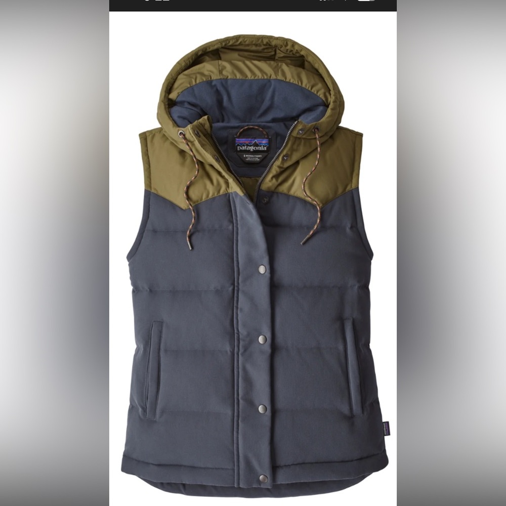 Patagonia bivy down vest with hood. Size large, blue and green.